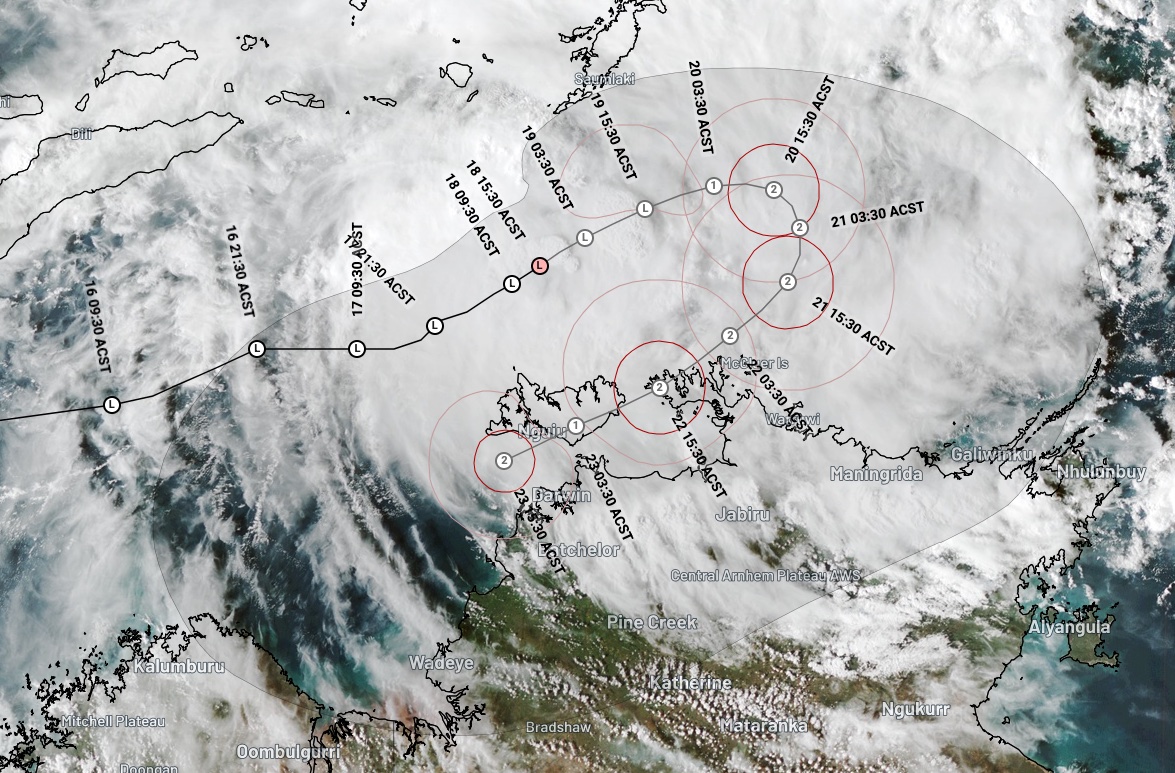 Extended tropical cyclone forecast track map from the Bureau of Meteorology, showing potential for a tropical cyclone to impact the NT’s Top End later this week. Source: Weatherzone.