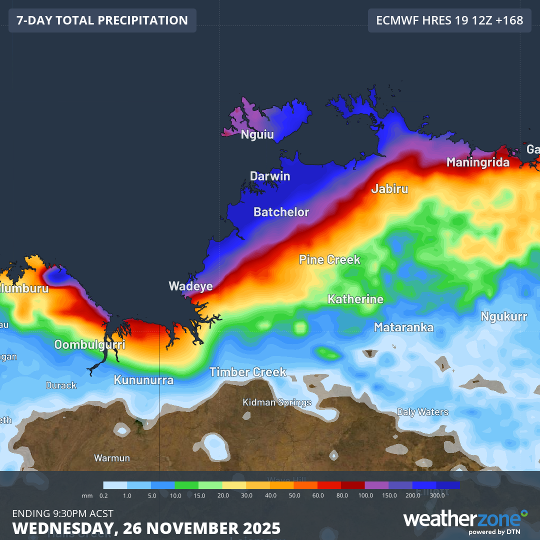 Forecast accumulated rain over the next 7 days, according to the ECMWF model. The darkest blue shading indicates rainfall more than 300mm is expected. Source: Weatherzone.