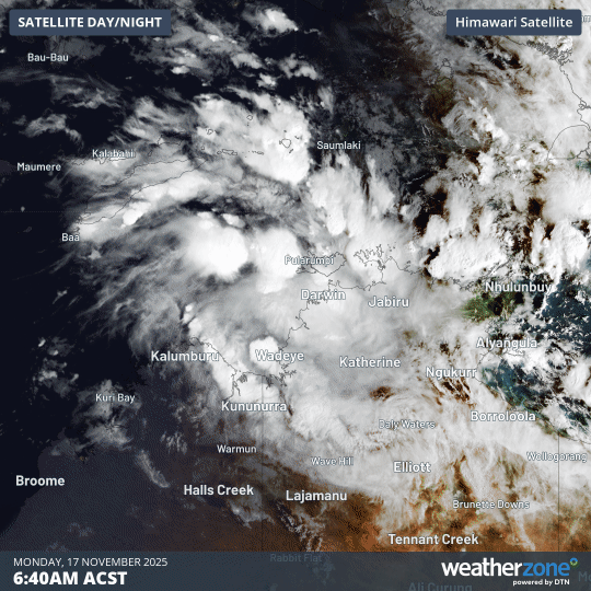 Image: Visible satellite images showing a developing tropical low over the Timor Sea on Monday morning. Source: Weatherzone.