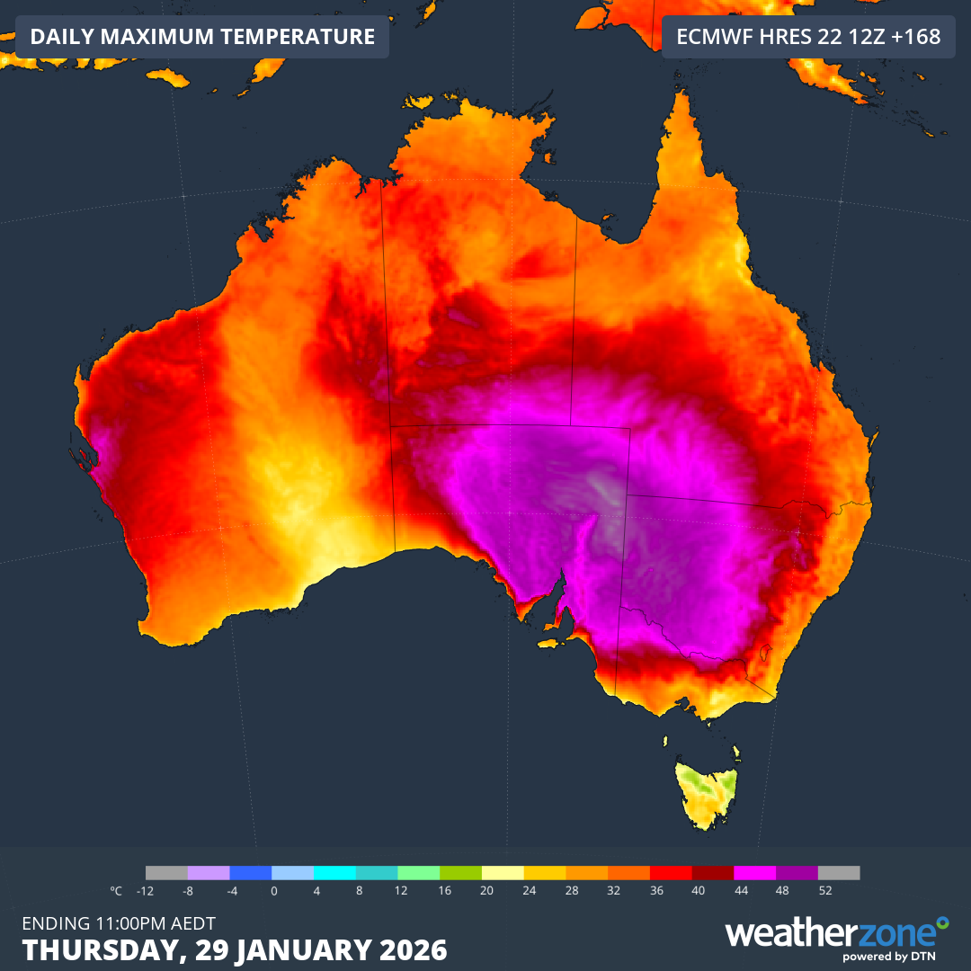 Forecast maximum temperatures on Thursday, January 29, 2026, according to the ECMWF-HRES model.