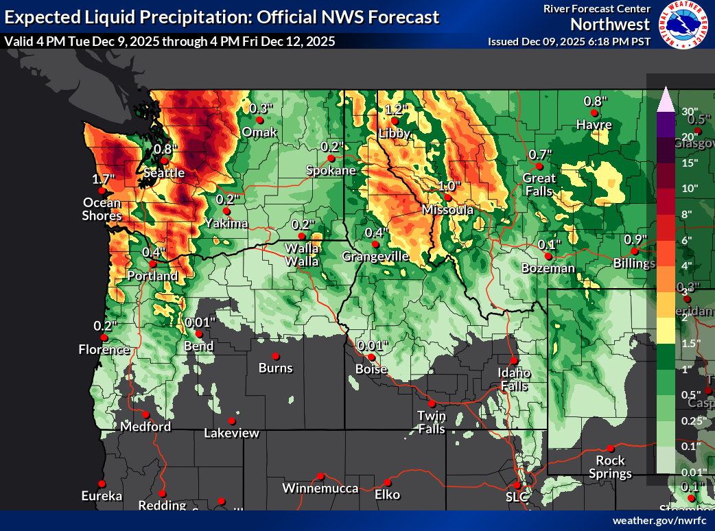 recipitation forecast for the 72-hour period ending at 4pm PST on Friday, December 12, 2025. Source: NOAA / NWS