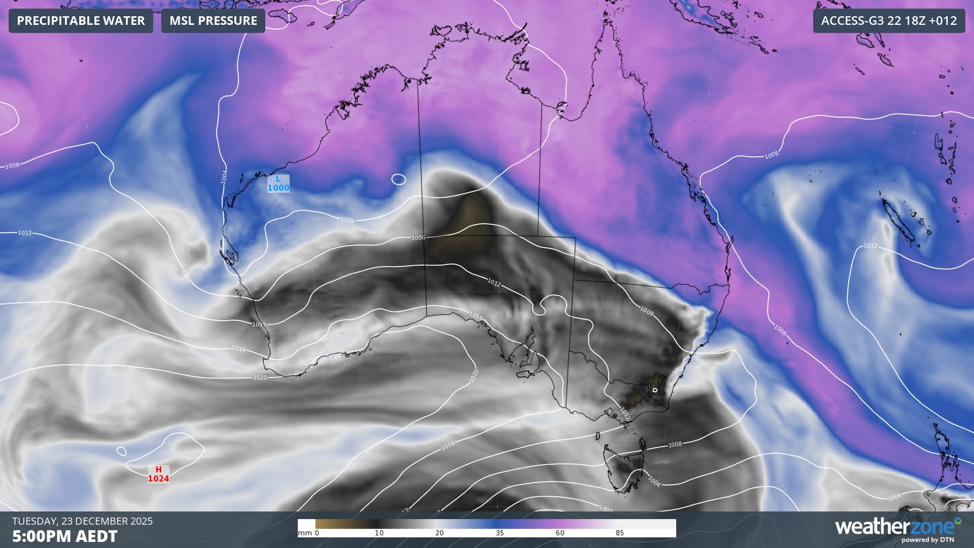 Modelled precipitable water and mean sea level pressure on Tuesday, December 23, 2025.