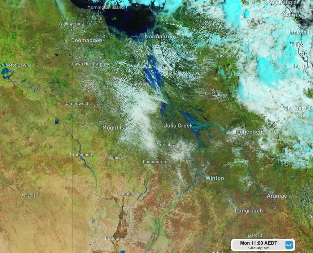 False-colour satellite image showing floodwater in blue. Source: Weatherzone.