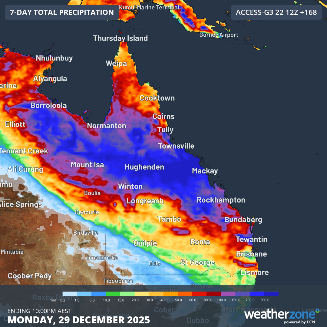 Forecast accumulated rain during the 7 days ending at 10pm AEST on Monday, December 29, according to the ACCESS-G model. Source: Weatherzone.