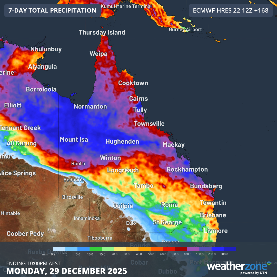  Forecast accumulated rain during the 7 days ending at 10pm AEST on Monday, December 29, according to the ECMWF model. Source: Weatherzone.