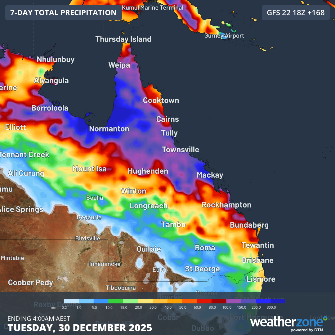 Forecast accumulated rain during the 7 days ending at 4am AEST on Tuesday, December 30, according to the GFS model. Source: Weatherzone.