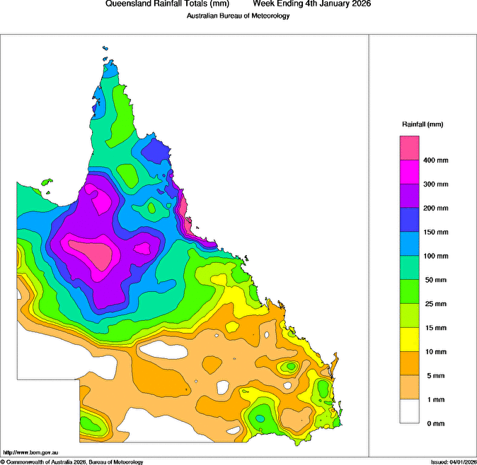 bserved rainfall over Qld during the week ending at 9am AEST on January 4, 2026. Source: Bureau of Meteorology.