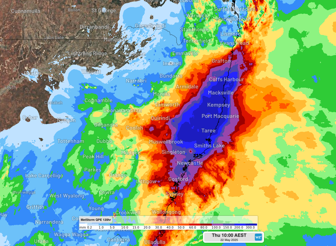 DTN MetStorm QPE showing estimated observed rainfall over eastern NSW during the 120 hours ending at 10am AEST on Thursday, May 22, 2025.