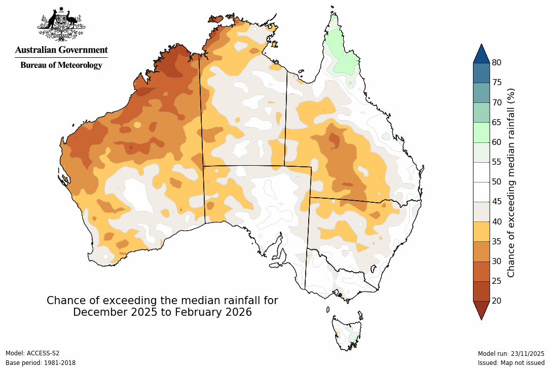 Chance of exceeding the median rainfall this summer. Source: Bureau of Meteorology.