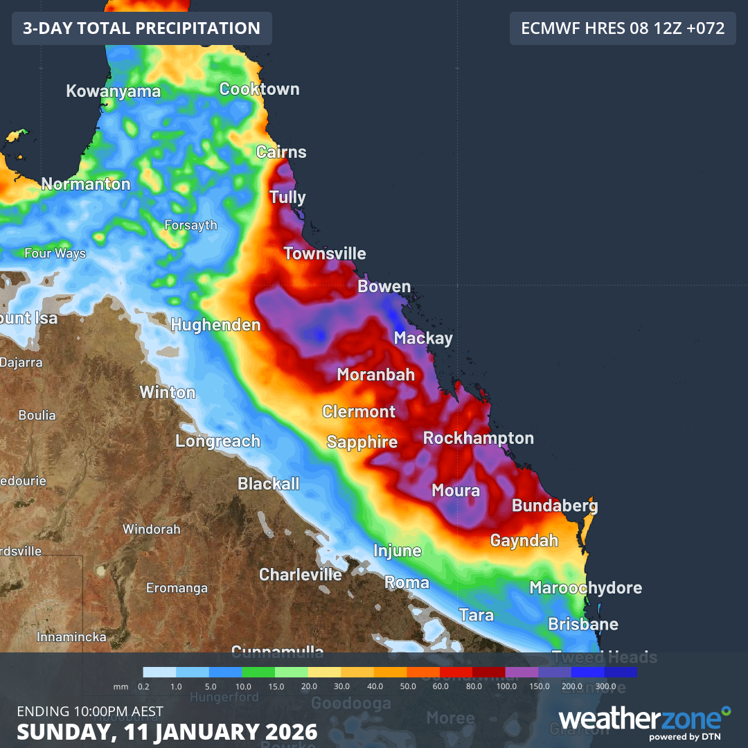 Forecast accumulated rain during the 72 hours ending at 10pm AEST on Sunday, January 11, 2026. Source: Weatherzone.