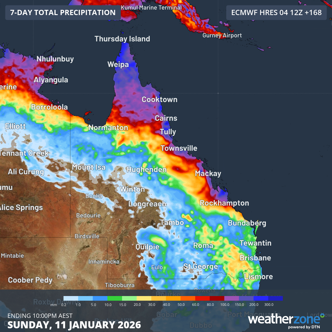 Forecast accumulated rain between now and Sunday, according to the ECMWF model. Source: Weatherzone.