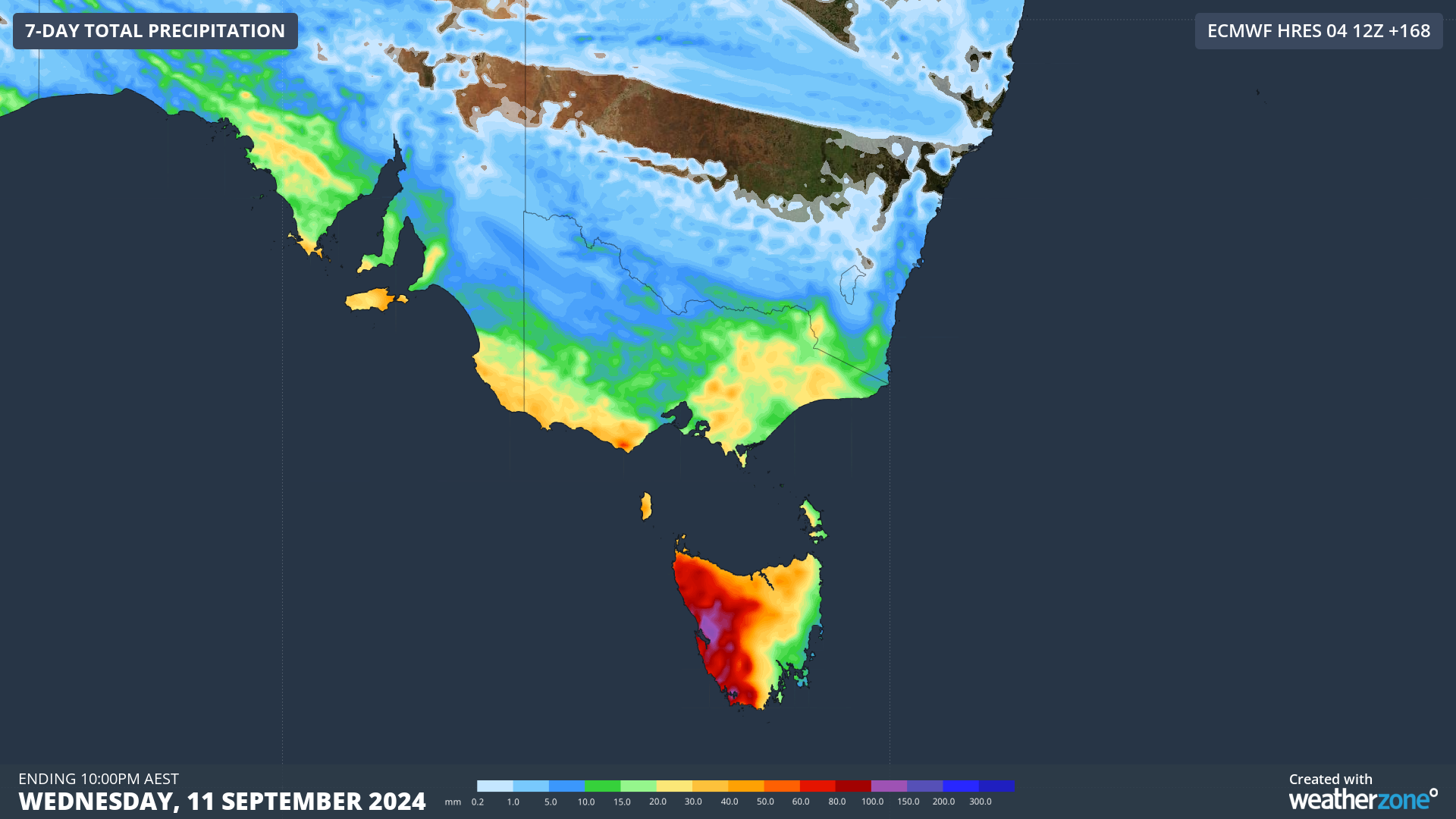 Forecast accumulated rain during the next 7 days, according to the ECMWF-HRES model.