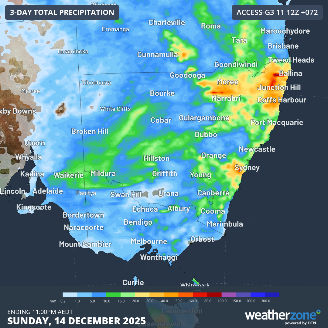 Forecast accumulated rain during the 72 hours ending at 11pm AEDT on Sunday, December 14, 2025. Source: Weatherzone.