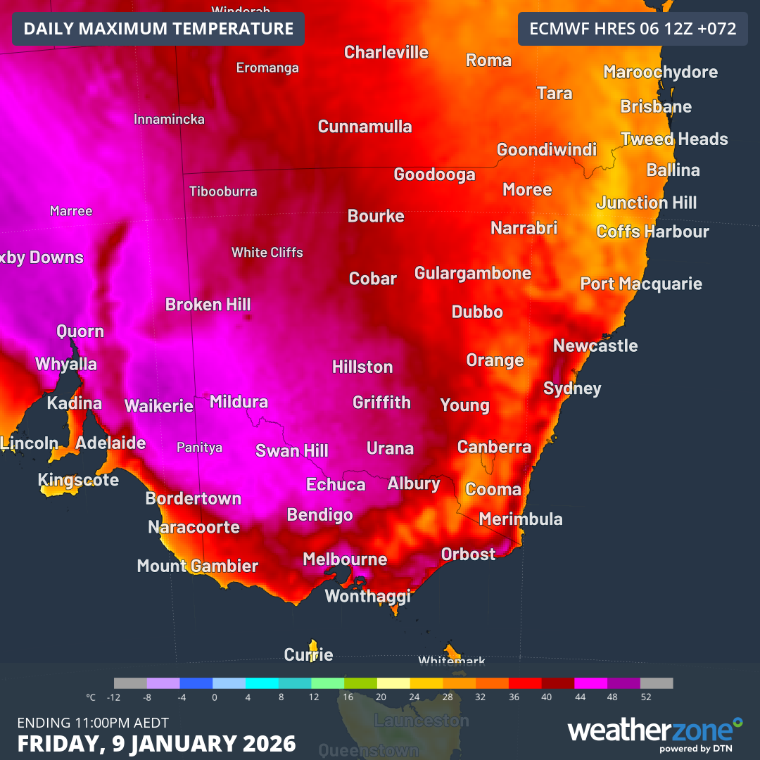 Forecast maximum temperature over Vic and SA on Friday, January 9, 2026. Source: Weatherzone.