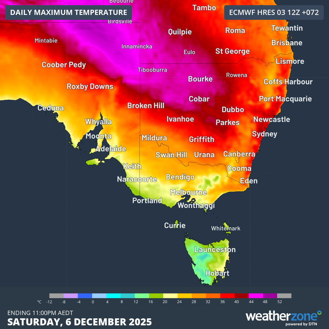 Forecast maximum temperatures on Saturday, December 6, 2025. Source: Weatherzone.