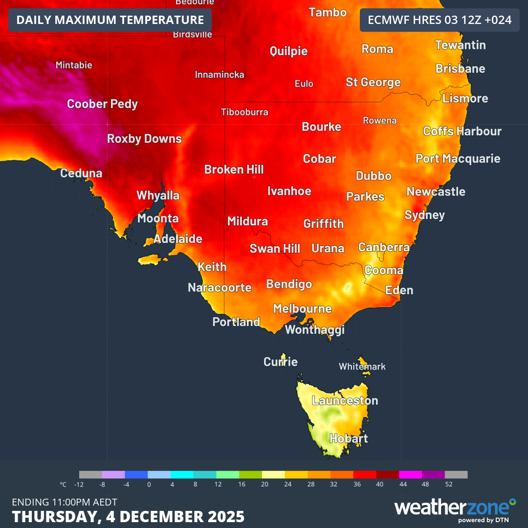 Forecast maximum temperatures on Thursday, December 4, 2025. Source: Weatherzone.