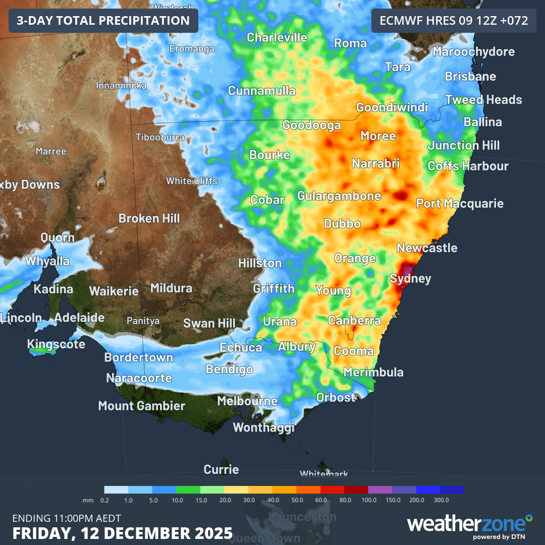Forecast accumulated rain during the three days ending at 11pm AEDT on Friday, December 12, 2025, according to the ECMWF-HRES model.