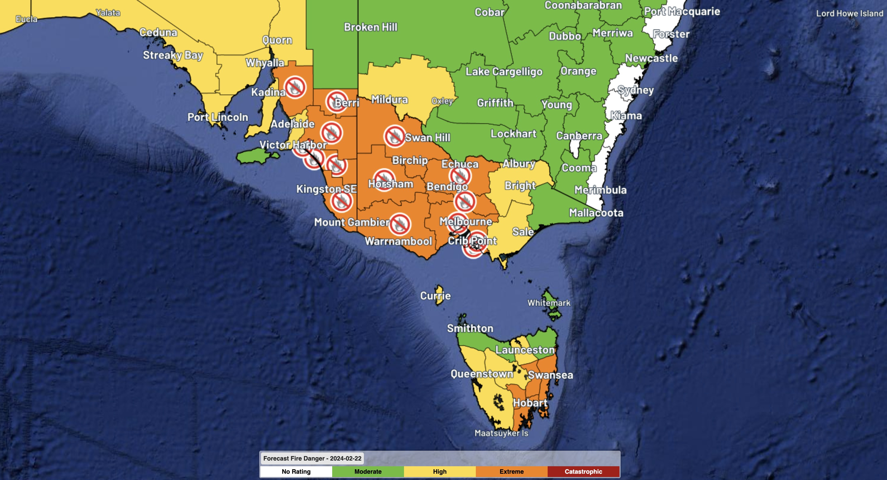 Extreme fire danger in Victoria SA Tasmania today