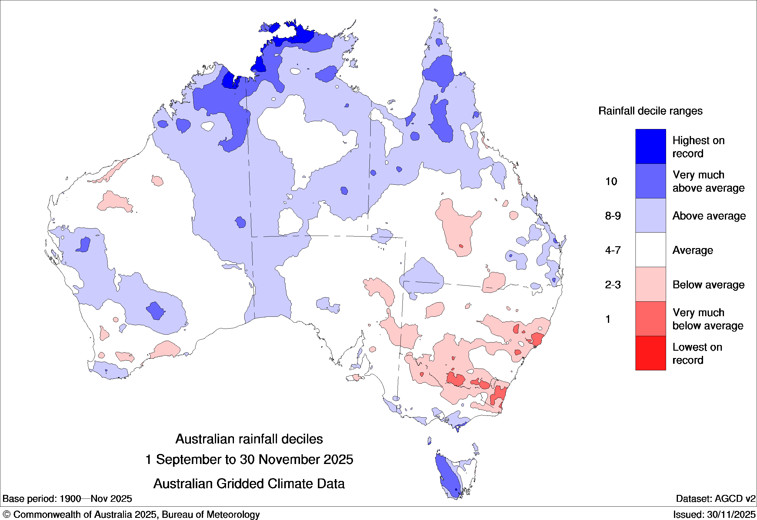 Spring 2025 rainfall deciles. Blue shading highlights areas that saw above average rain and red shading shows areas that were drier than average in spring. Source: Bureau of Meteorology.