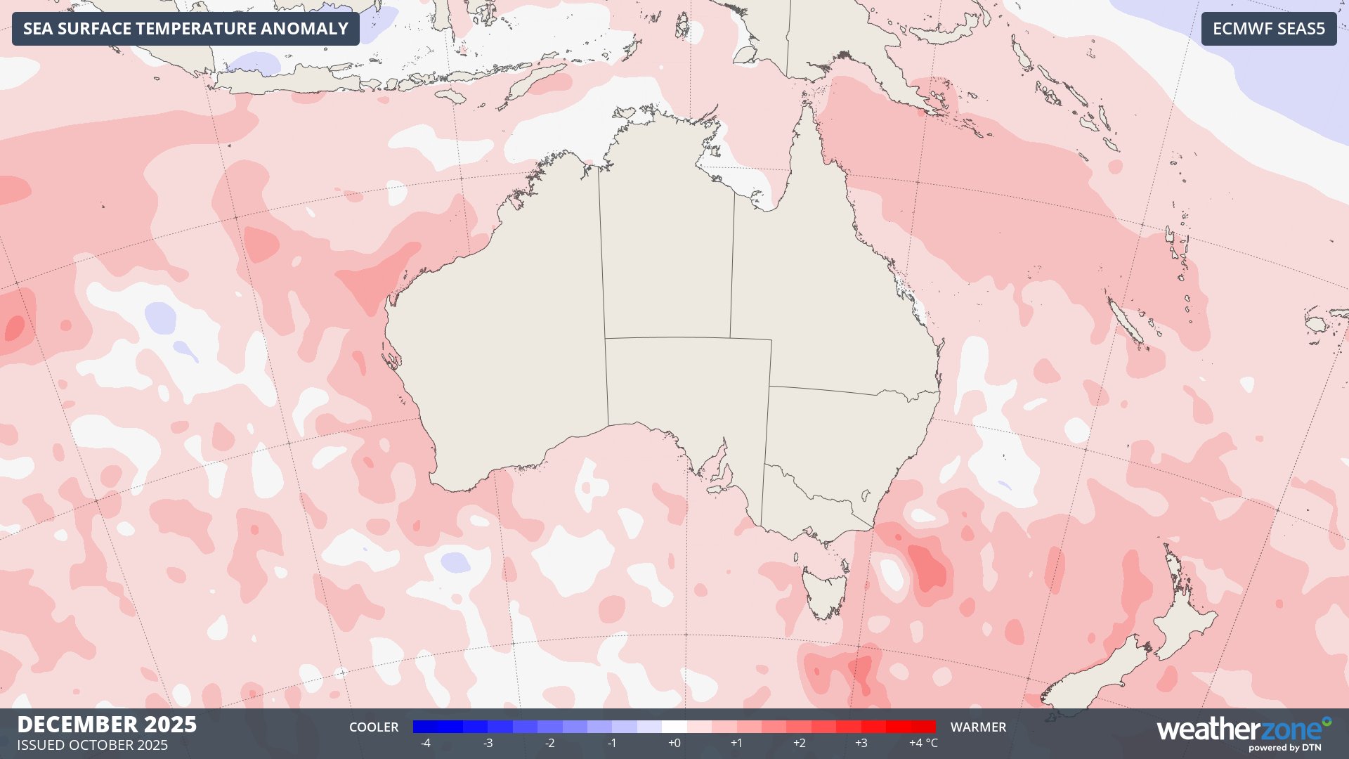Sea surface temperature outlook for December 2025, showing abnormally warm water surrounding Australia.