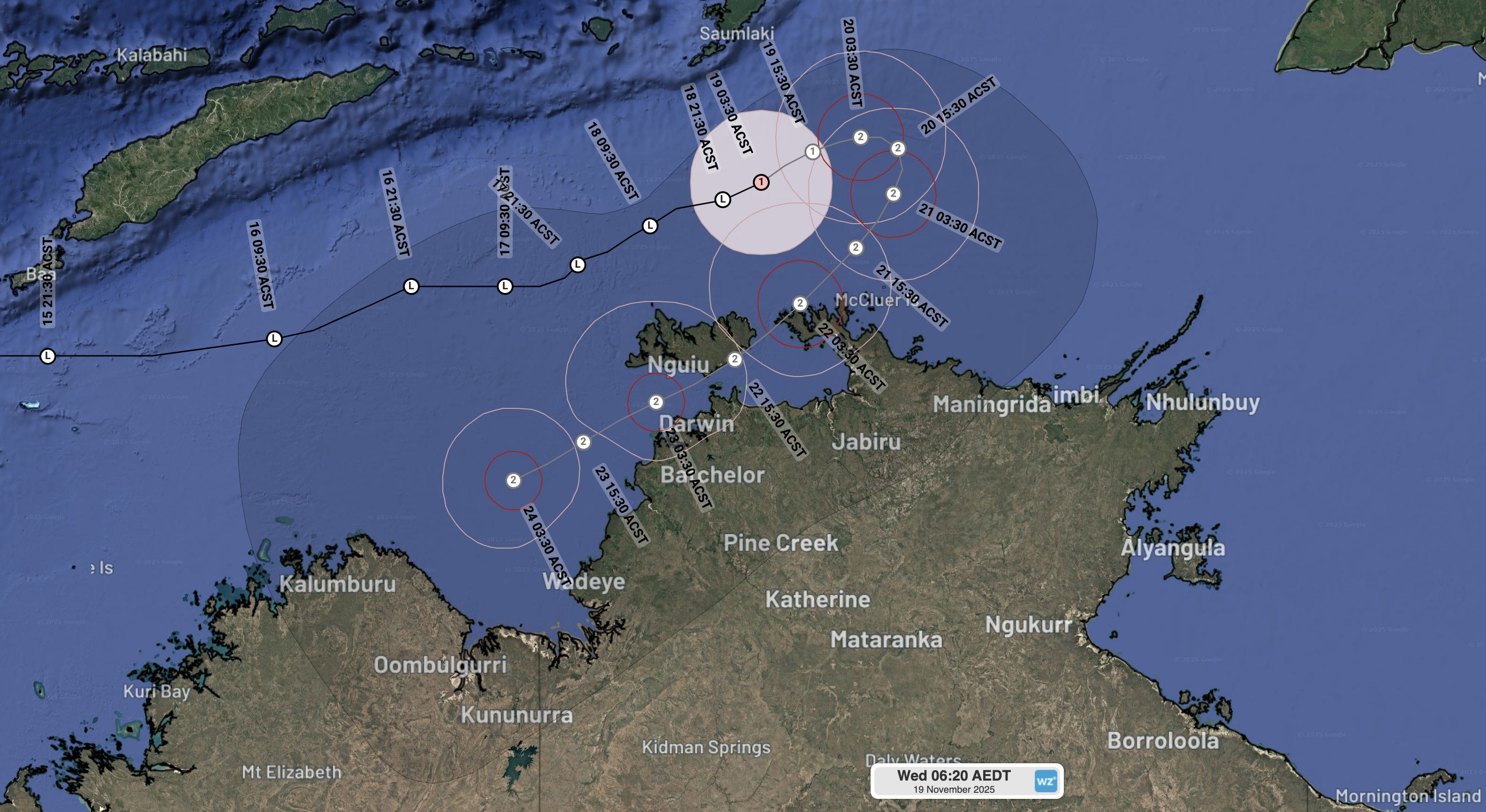 Extended track map for Tropical Cyclone Fina, valid at 4:11am ACST on Wednesday, November 19. Source: Weatherzone.