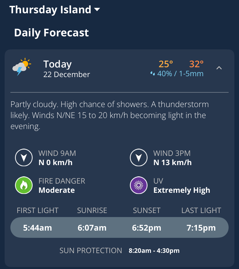Summer solstice sunrise and sunset times on the Weatherzone app for Thursday Island, Qld.