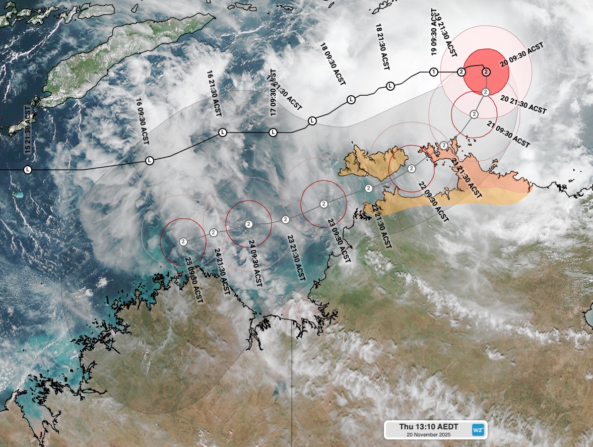 Current satellite image and extended forecast track map for Tropical Cyclone Fina. Valid at 1:10pm AEDT (11:40am ACST) on Thursday, November 20. Source: Weatherzone.