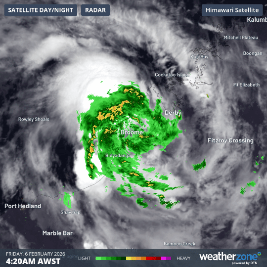 Visible satellite and radar imagery showing cloud and rain associated with a tropical low over the western Kimberley on Friday morning. Source: Weatherzone.