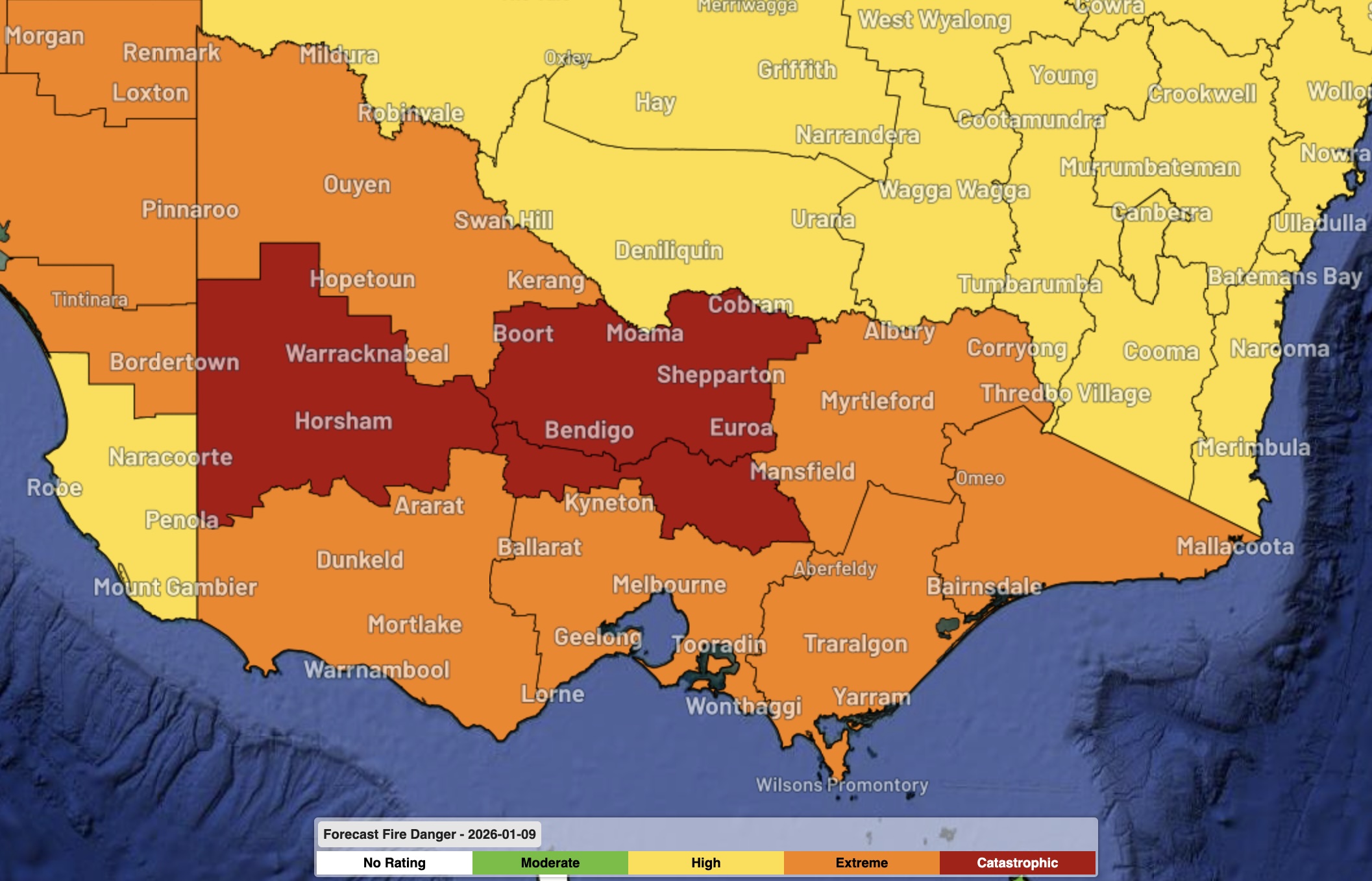 Forecast fire danger ratings in Vic on Friday, January 9, 2026. Source: Weatherzone.