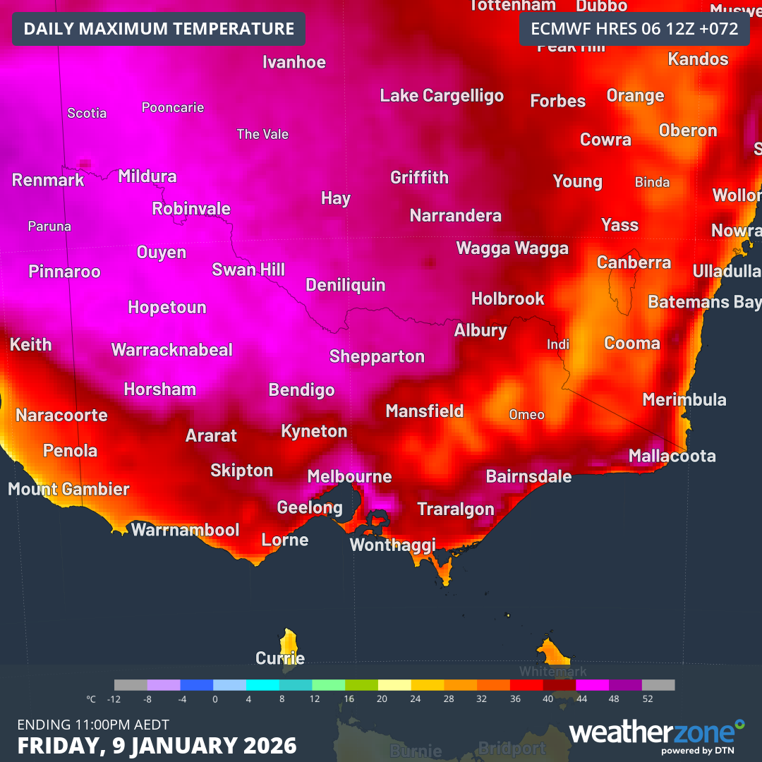 Forecast maximum temperature over Vic on Friday. Source: Weatherzone.