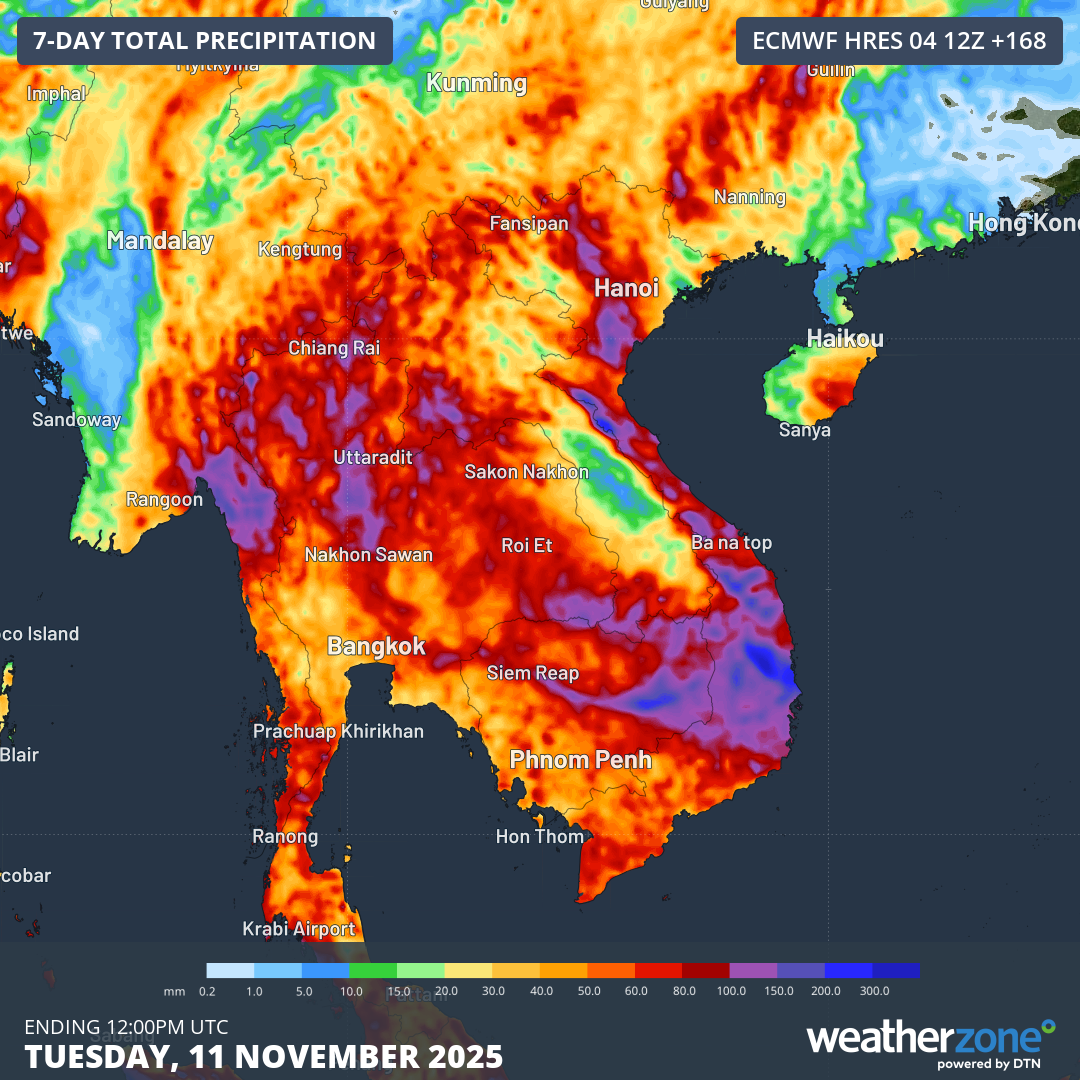 Forecast accumulated rainfall during the next 7 days. Source: Weatherzone.