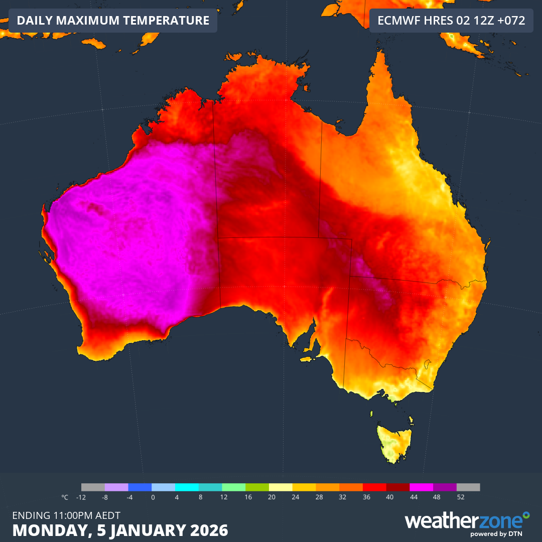 Forecast maximum temperature on Monday, January 5, 2025. Source: Weatherzone.