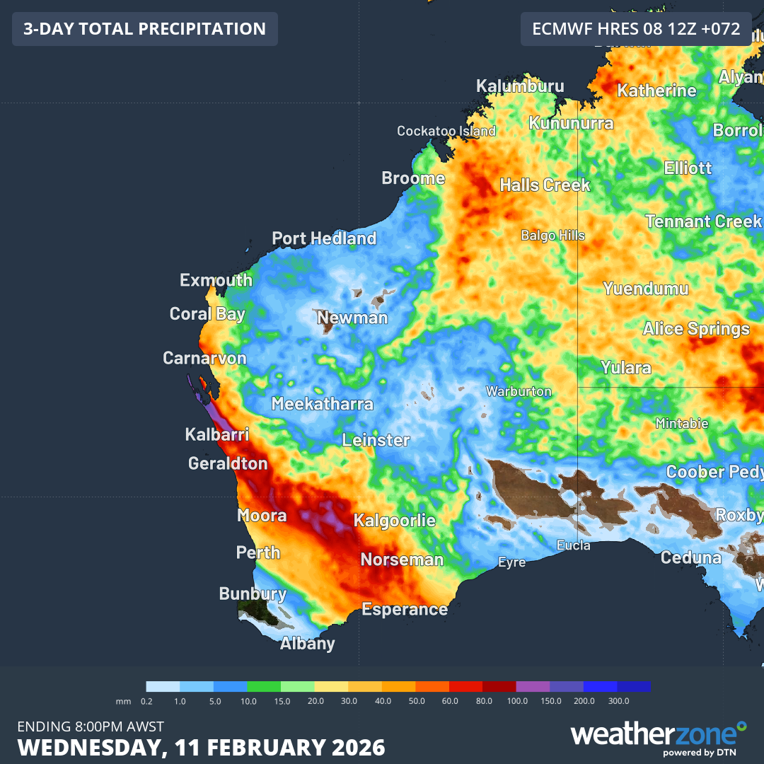 Forecast accumulated rain during the three days ending at 8am AWST on Wednesday, February 11. Source: Weatherzone.