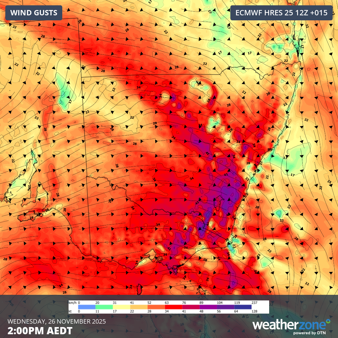 Forecast wind gusts over Australia’s southeast mainland on Wednesday afternoon. Source: Weatherzone.