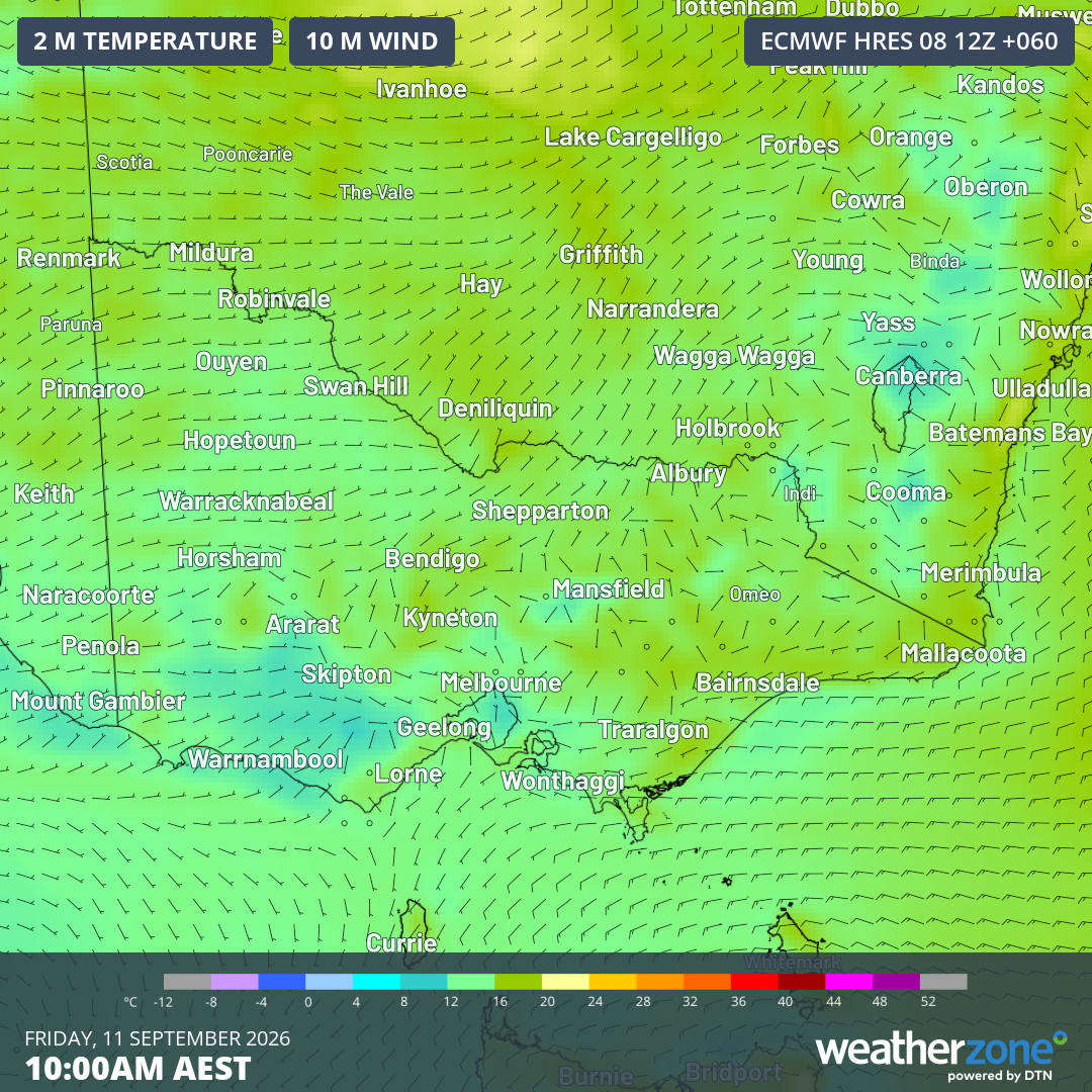 Ground level temperatures and 10-metre winds for Victoria and Melbourne at 10 am (AEST) on Friday, September 11, 2026, showing that winds will be light during the game. Source: Weatherzone.