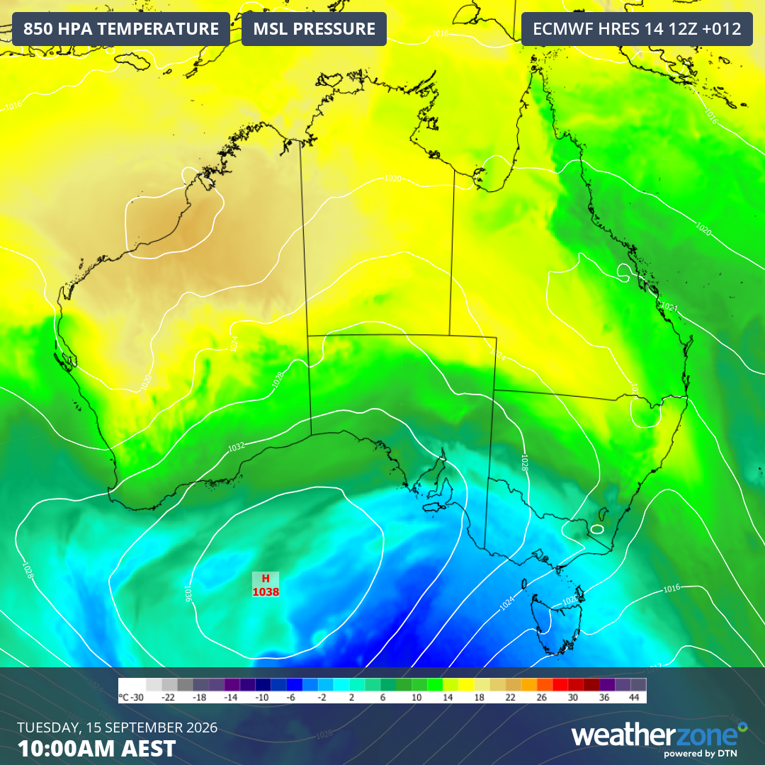 Image: 850 hPa temperatures and mean sea level pressure for Australia at 10 am (AEST) on Tuesday, September 15, 2026. Source: Weatherzone.