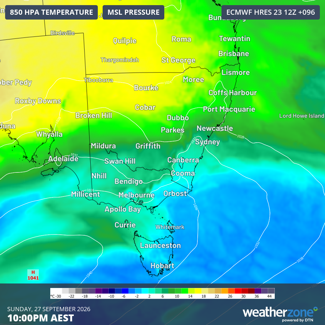 Image: Mean sea level pressure and 850 hPa temperatures forecast for 10 pm (AEST) on Sunday, September 27, 2026, according to the ECMWF model. Source: Weatherzone.