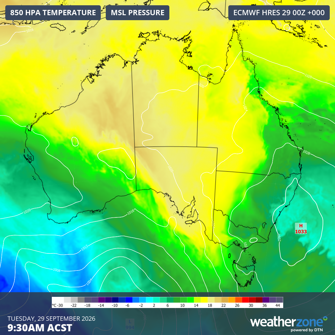 850 hPa temperatures and mean sea level pressure for Australia at 9:30 am (ACST) on Tuesday, September 29, 2026, showing the warm air being directed towards SA. Source: Weatherzone.