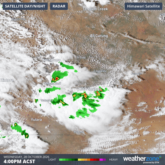 Radar and satellite loop in the Alice Springs area for the eight hours to 12 am on Thursday, October 29, 2026. Source: Weatherzone.
