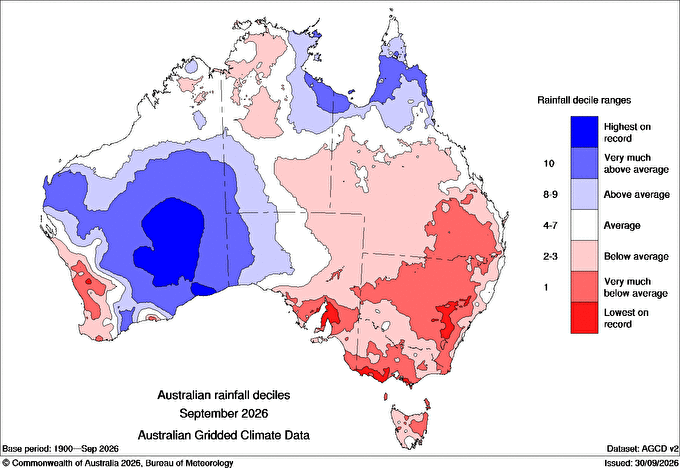 Rainfall deciles across Australia in September 2026. Source: BoM.