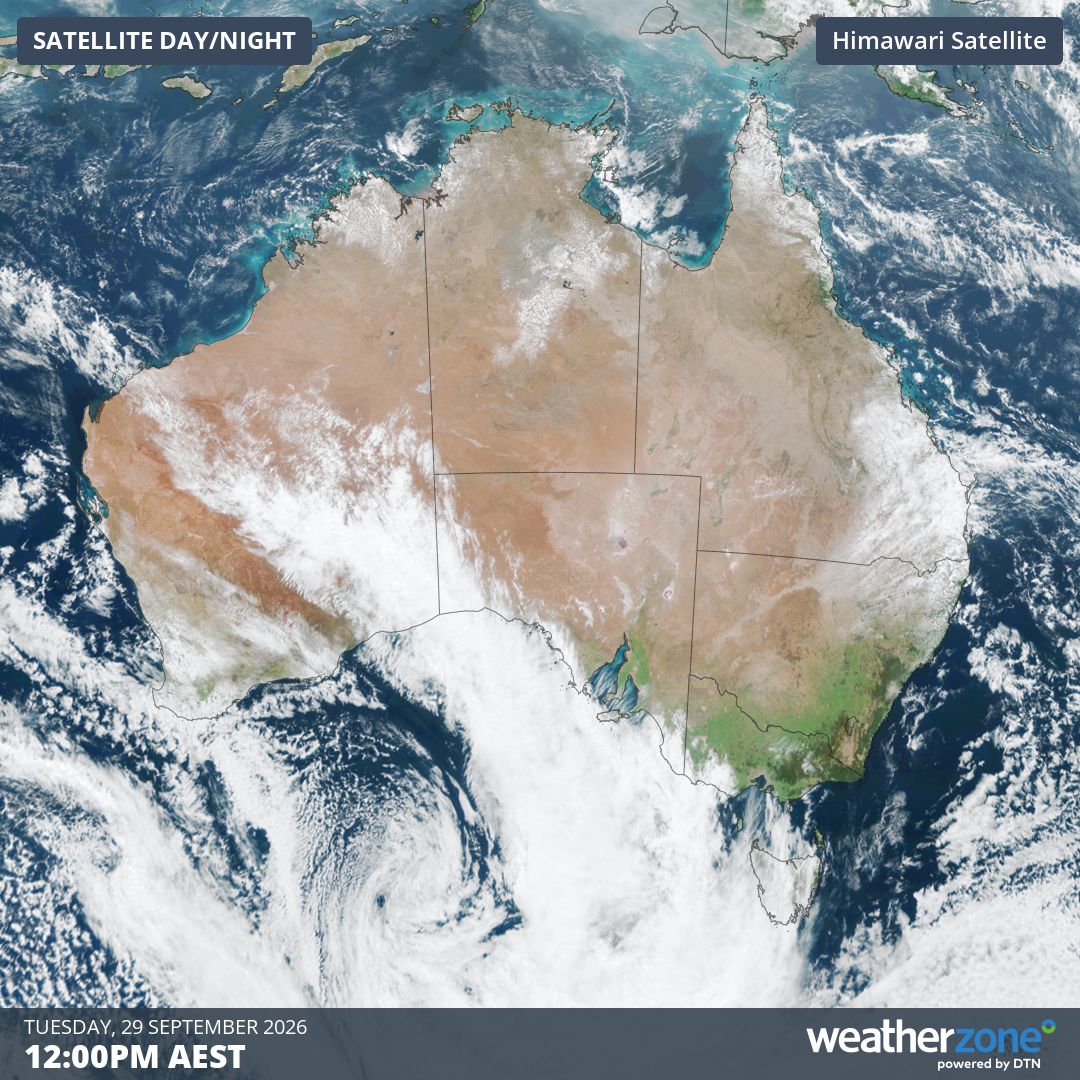 Satellite image of Australia at midday (AEST) on Tuesday, September 29, 2026. Source: Weatherzone