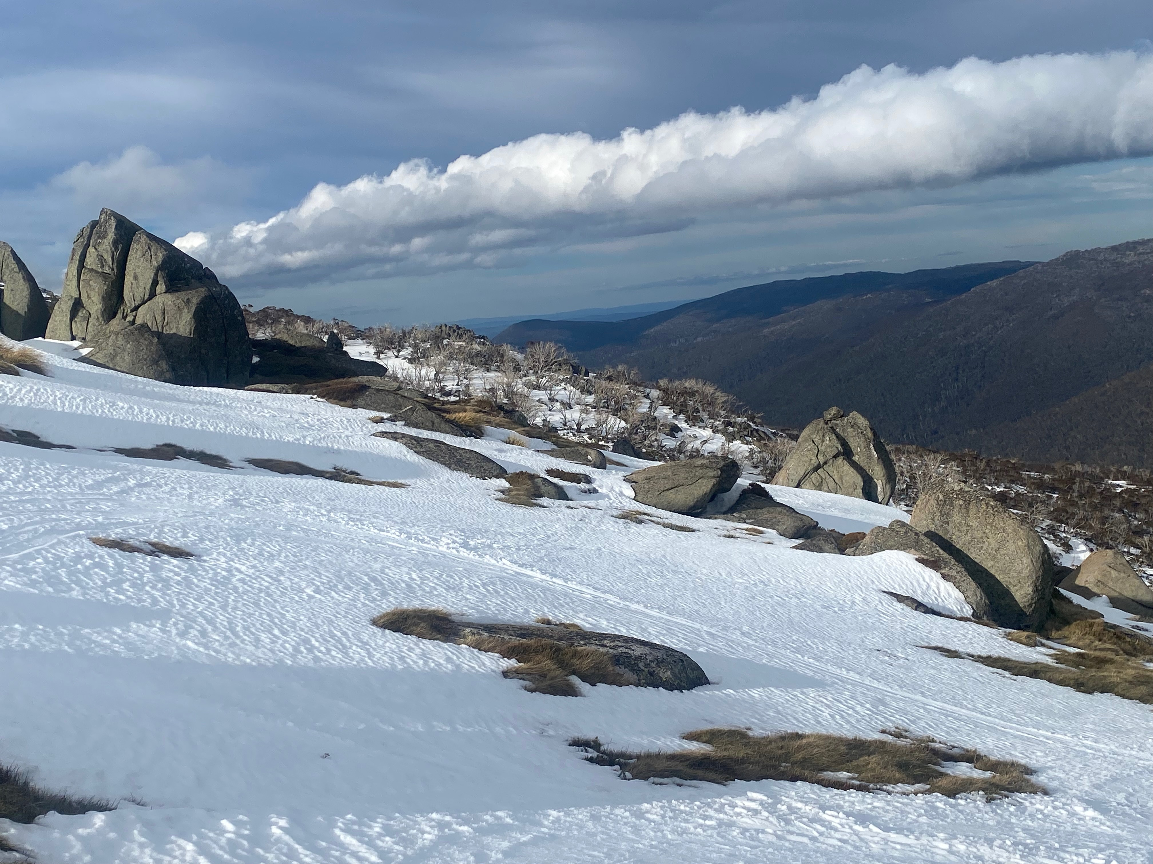 A moody sky and patchy snow even at the top of Thredbo in the last week of winter, 2026, Source: Weatherzone.