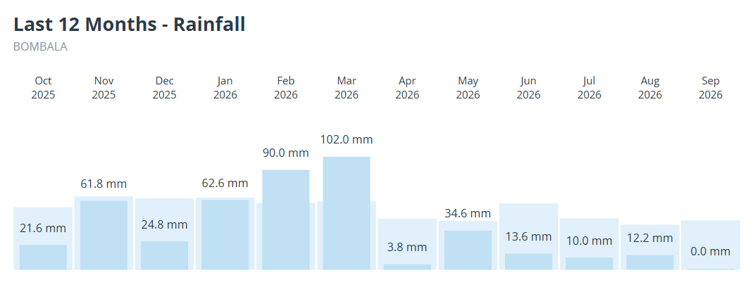 Last 12 months of rainfall for Bombala, NSW. Source: Weatherzone