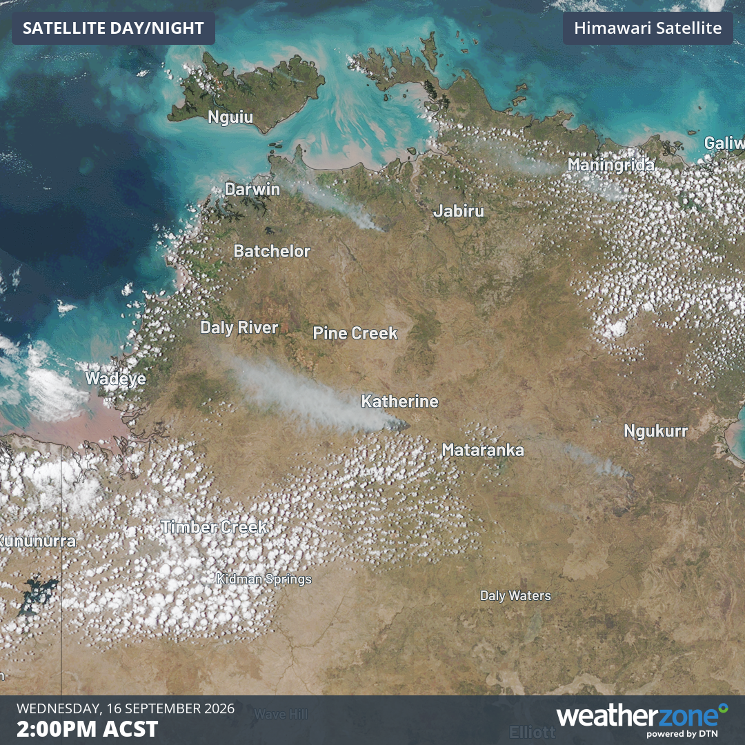 Bushfire smoke can be seen south of Katherine and southeast of Darwin at 2 pm (ACST) on Wednesday, September 16, 2026, Source: Weatherzone.