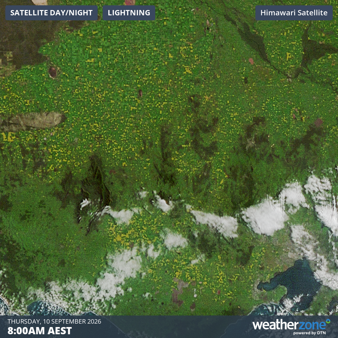 Image: Satellite view of canola crops west and northwest of Melbourne at 8 am (AEST) on Thursday, September 10, 2026. Source: Weatherzone.
