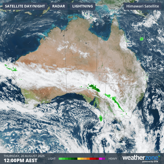 Image: Three-hour combined radar and satellite loop from midday to 3 pm (AEST) on Thursday, August 20, 2026. Source: Weatherzone.