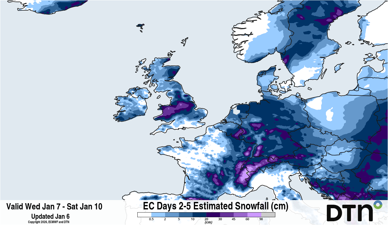 Forecast accumulated snow for the four-day period starting on Wednesday, January 7, 2026. Source: DTN.