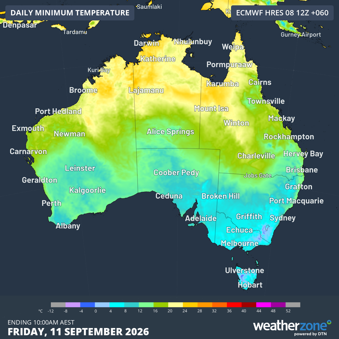Forecast minimum temperatures across Australia on Friday, September 11, 2026, showing the location of Melbourne on the southeast tip of the mainland. Source: Weatherzone.