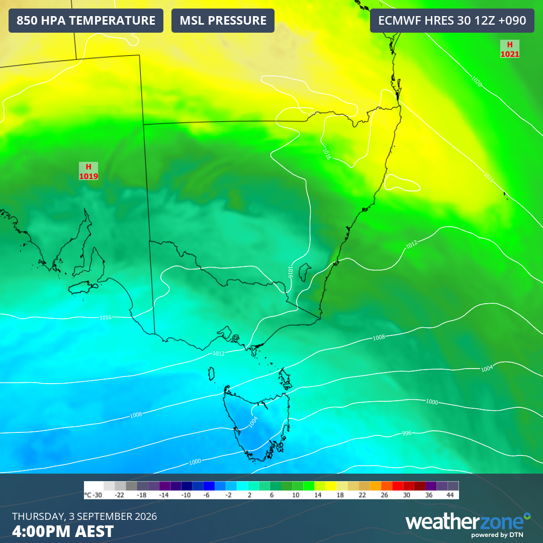 Mean sea level pressure and 850 hPa temperatures predicted for 4 pm (AEST) on Thursday, September 3, 2026, according to the ECMWF model. Source: Weatherzone.