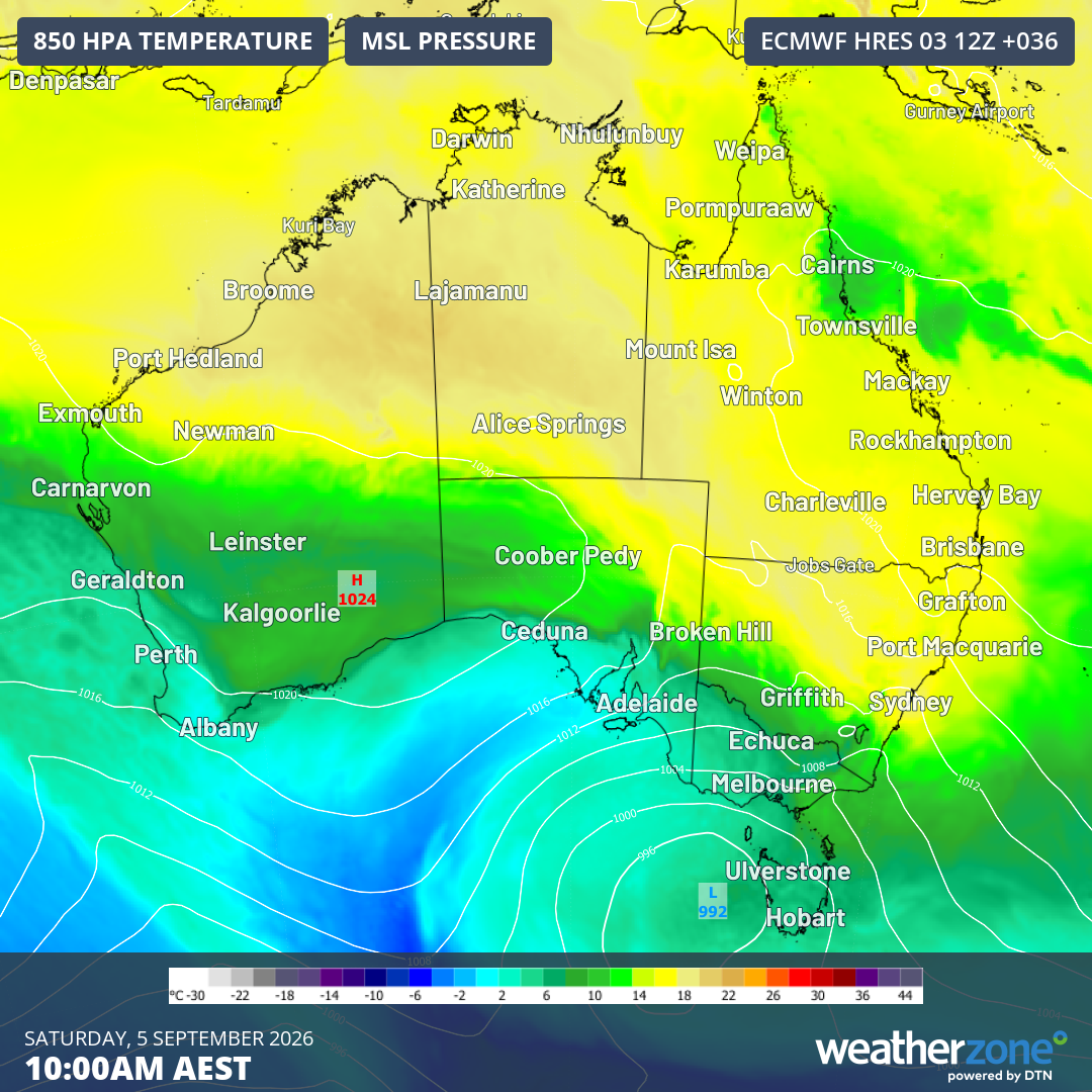 Image: Mean sea level pressure and 850 hPa temperatures (altitude approximately 1500 m) over Australia at 10 am (AEST) on Saturday, September 5, 2026. Source: Weatherzone.